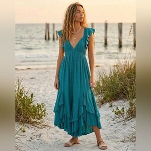 FREE PEOPLE 'Aquamarine' Cotton Teal Blue Flowy Coastal Maxi Dress - Size S